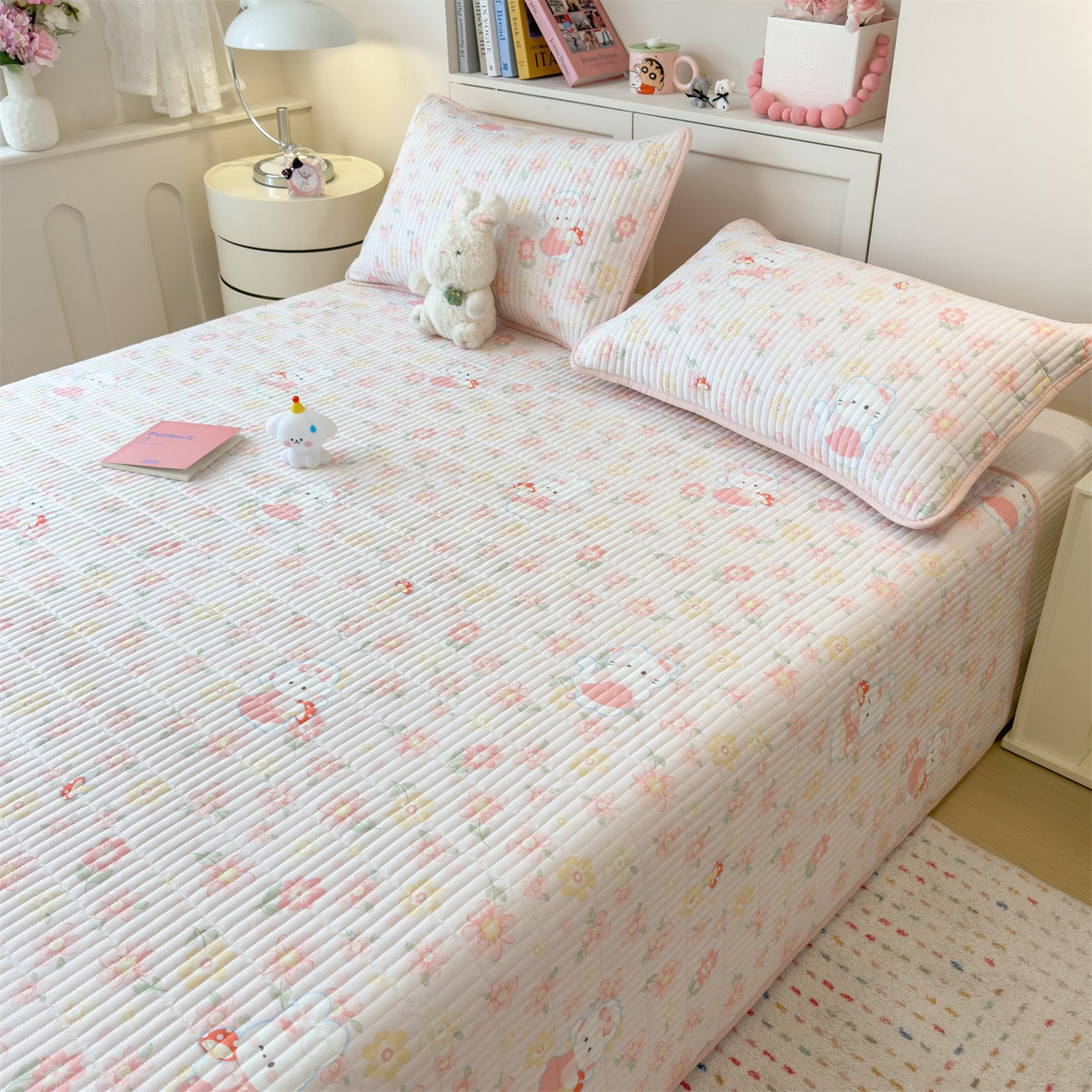 91家纺网 家纺一手货源 找家纺 雯豆家纺 2025新品皱皱双层纱床盖泡泡纱床罩保护套 蘑菇仙子