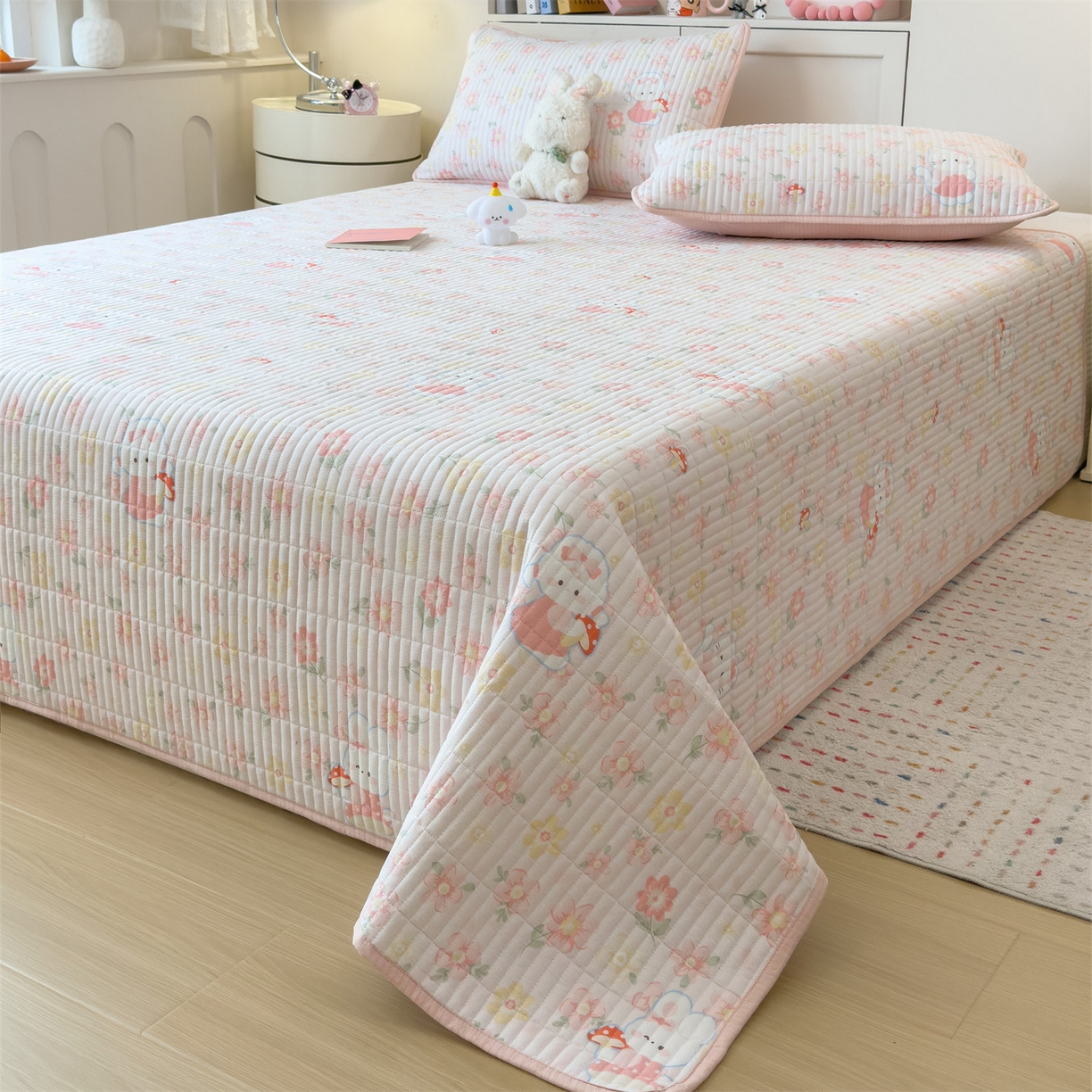 91家纺网 家纺一手货源 找家纺 雯豆家纺 2025新品皱皱双层纱床盖泡泡纱床罩保护套 蘑菇仙子