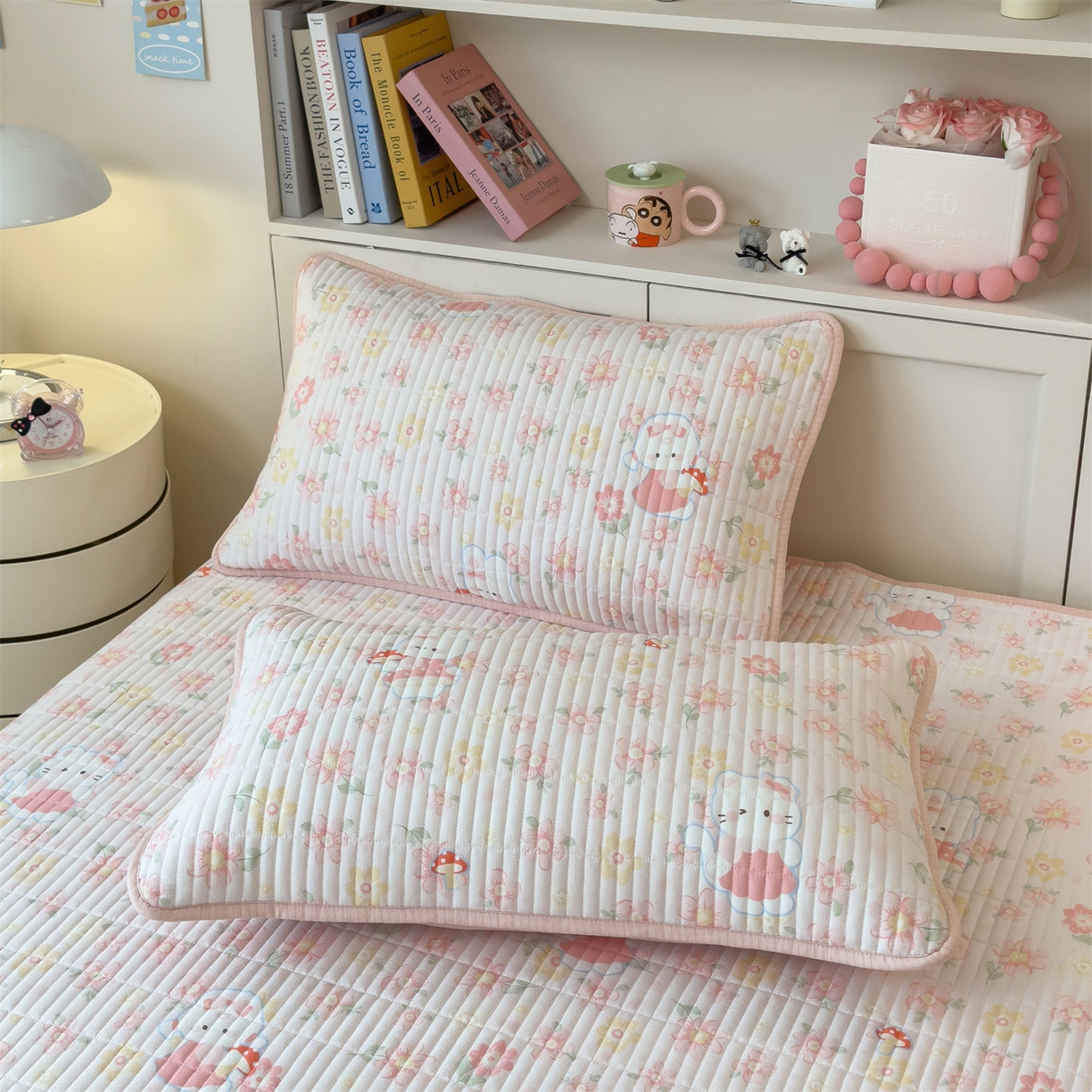 91家纺网 家纺一手货源 找家纺 雯豆家纺 2025新品皱皱双层纱床盖泡泡纱床罩保护套 蘑菇仙子