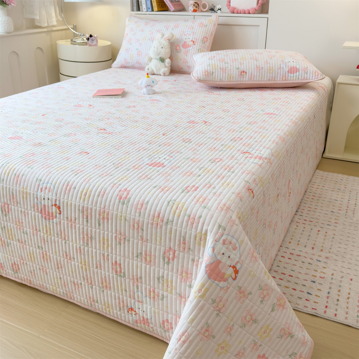 91家纺网 家纺一手货源 找家纺 雯豆家纺 2025新品皱皱双层纱床盖泡泡纱床罩保护套 蘑菇仙子