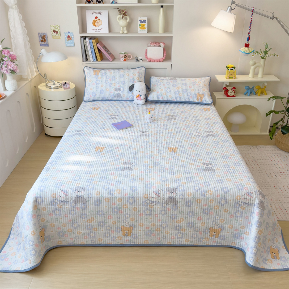 91家纺网 家纺一手货源 找家纺 雯豆家纺 2025新品皱皱双层纱床盖泡泡纱床罩保护套 奶萌小狗