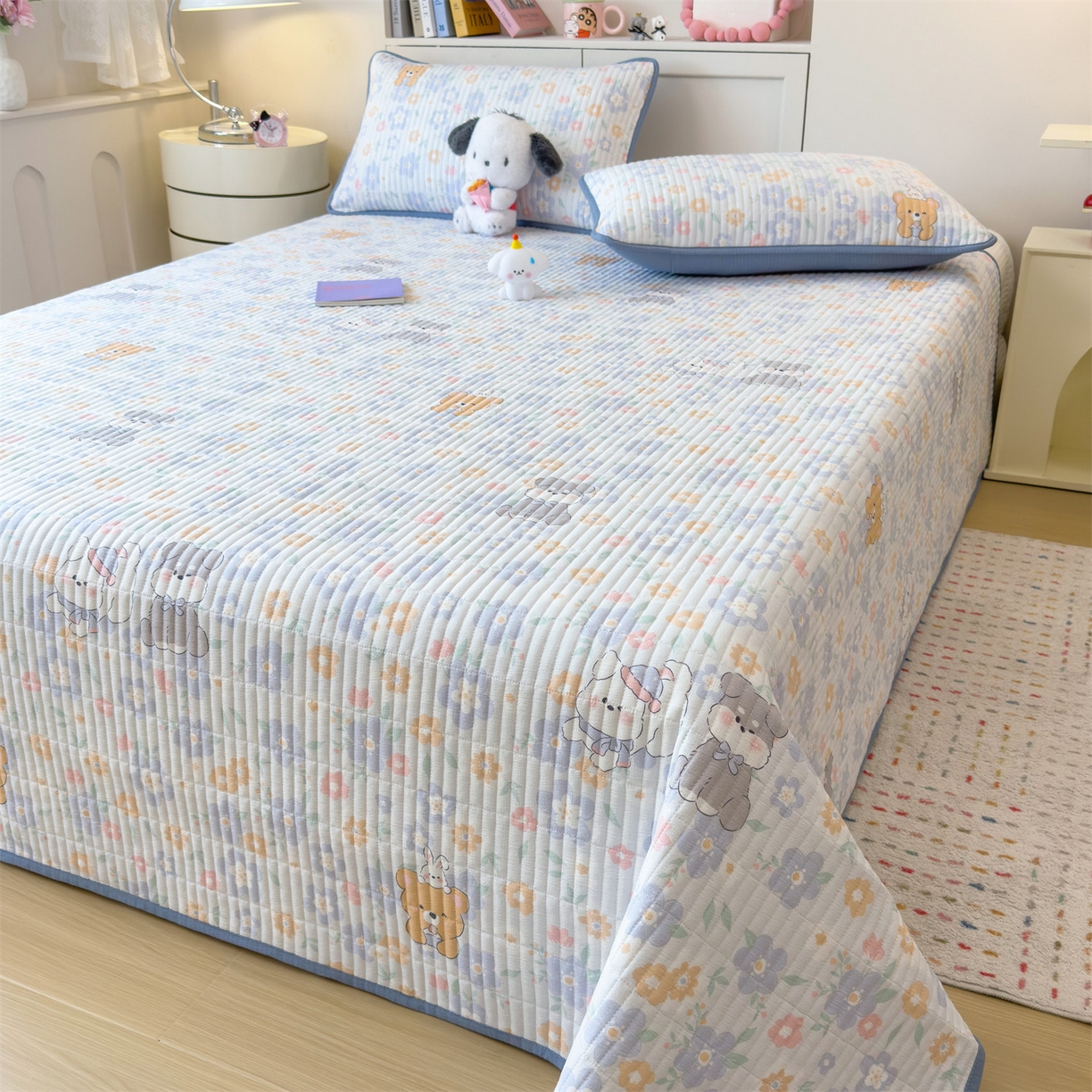 91家纺网 家纺一手货源 找家纺 雯豆家纺 2025新品皱皱双层纱床盖泡泡纱床罩保护套 奶萌小狗