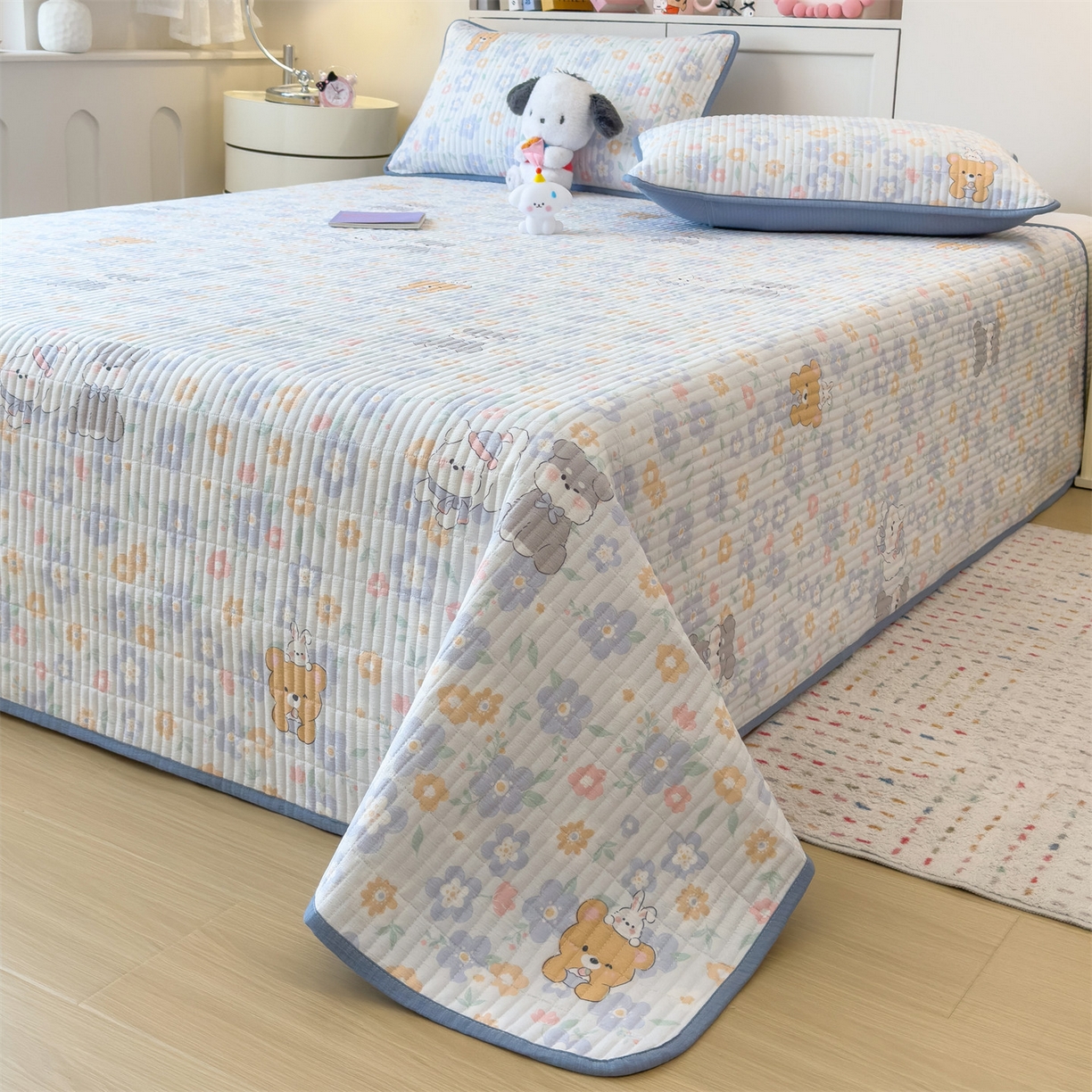 91家纺网 家纺一手货源 找家纺 雯豆家纺 2025新品皱皱双层纱床盖泡泡纱床罩保护套 奶萌小狗