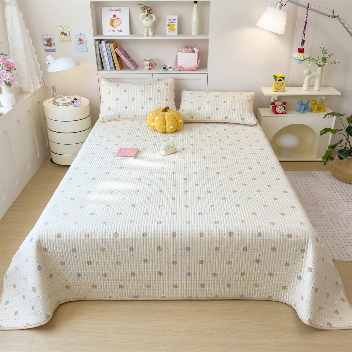 91家纺网 家纺一手货源 找家纺 雯豆家纺 2025新品皱皱双层纱床盖泡泡纱床罩保护套 小南瓜