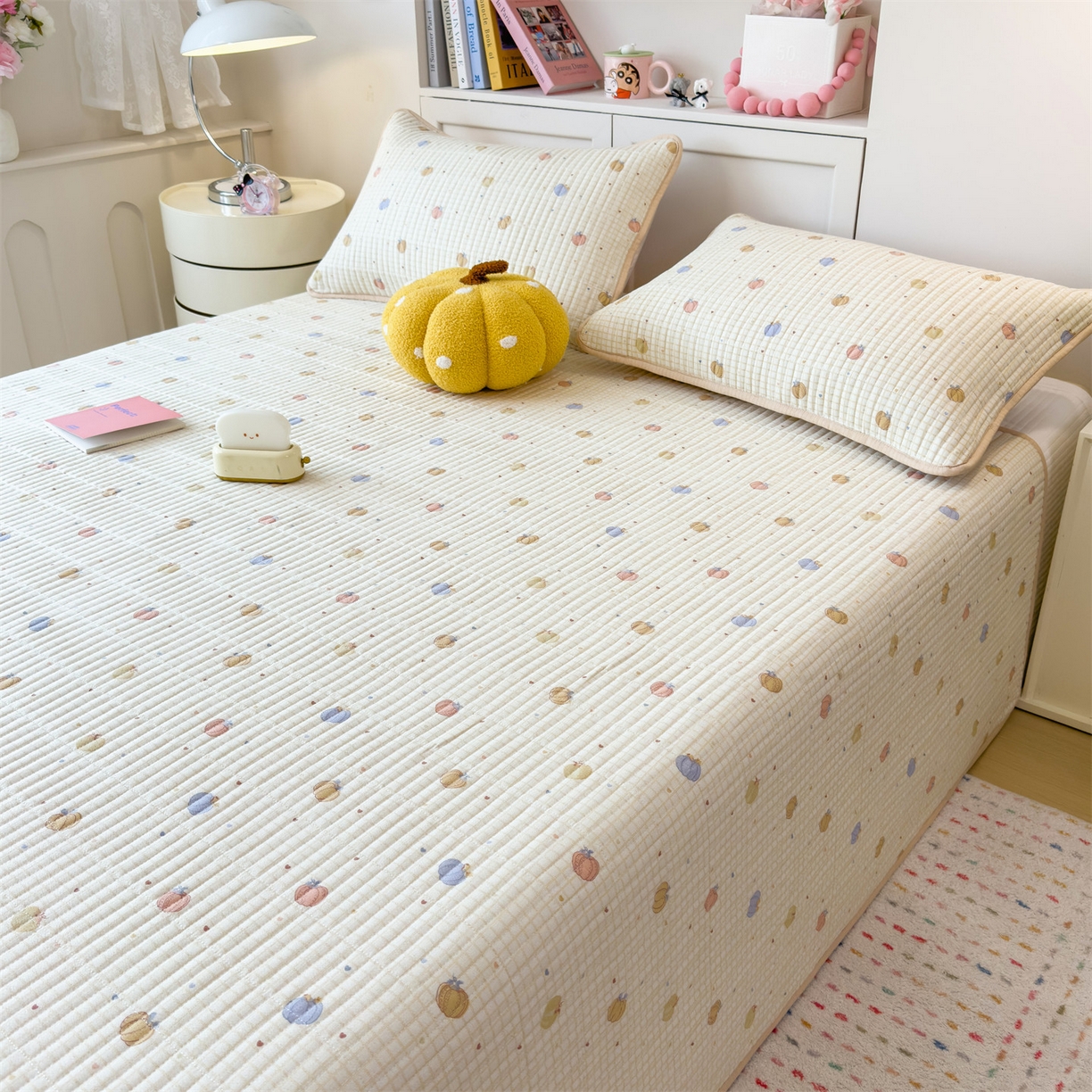 91家纺网 家纺一手货源 找家纺 雯豆家纺 2025新品皱皱双层纱床盖泡泡纱床罩保护套 小南瓜