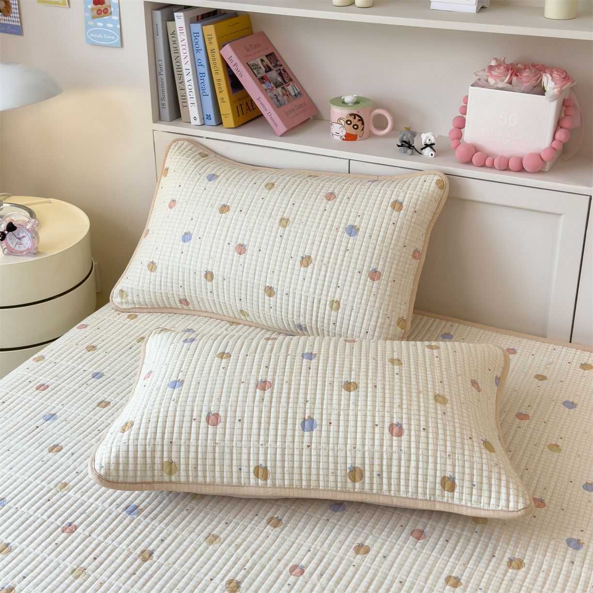 91家纺网 家纺一手货源 找家纺 雯豆家纺 2025新品皱皱双层纱床盖泡泡纱床罩保护套 小南瓜