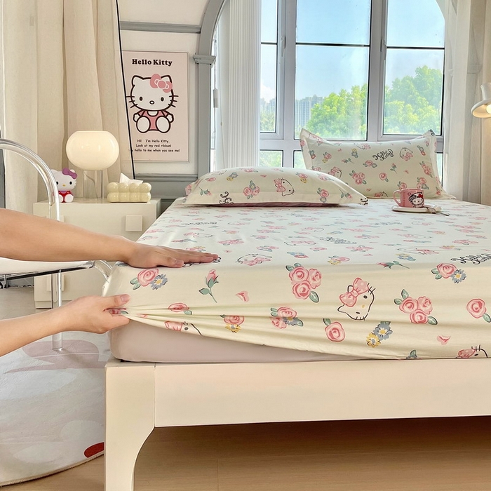 91家纺网 家纺一手货源 找家纺 蘭菲家纺 2025新款三丽鸥系列全棉印花单品床笠 蜜蜜小花园