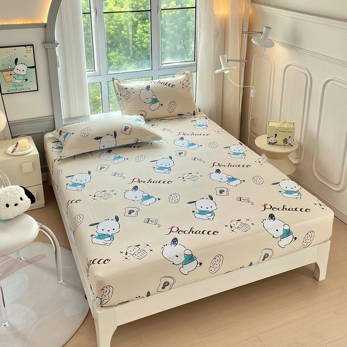 91家纺网 家纺一手货源 找家纺 蘭菲家纺 2025新款三丽鸥系列全棉印花单品床笠 俏皮狗