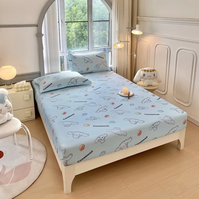 91家纺网 家纺一手货源 找家纺 蘭菲家纺 2025新款三丽鸥系列全棉印花单品床笠 随便蓝