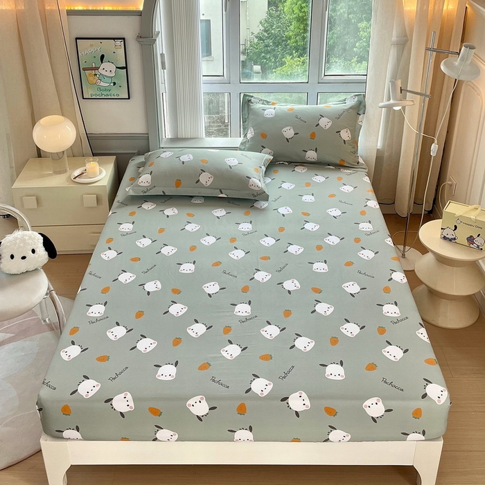 91家纺网 家纺一手货源 找家纺 蘭菲家纺 2025新款三丽鸥系列全棉印花单品床笠 小金豆-绿