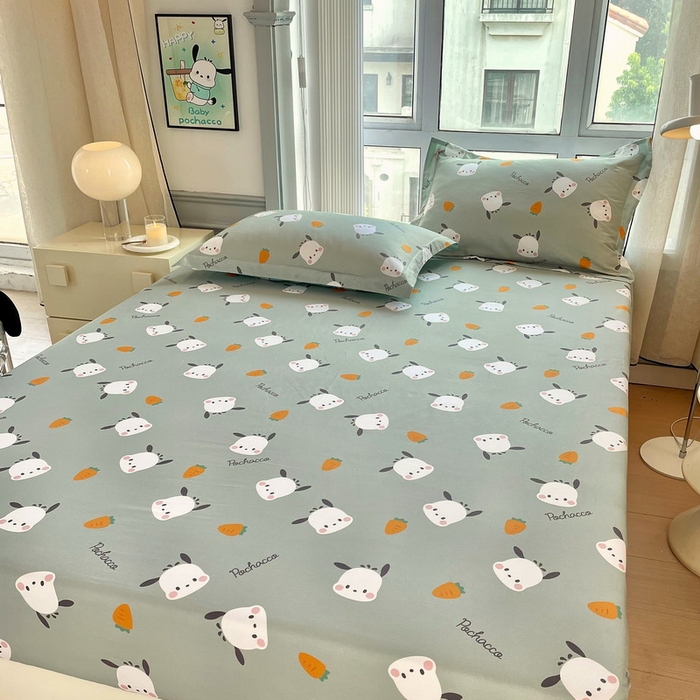 91家纺网 家纺一手货源 找家纺 蘭菲家纺 2025新款三丽鸥系列全棉印花单品床笠 小金豆-绿