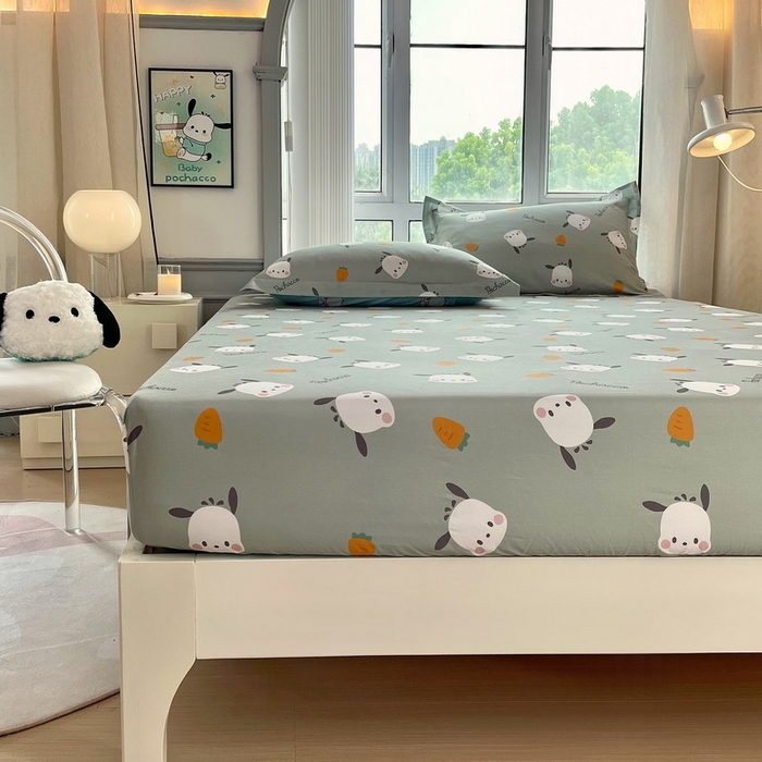 91家纺网 家纺一手货源 找家纺 蘭菲家纺 2025新款三丽鸥系列全棉印花单品床笠 小金豆-绿