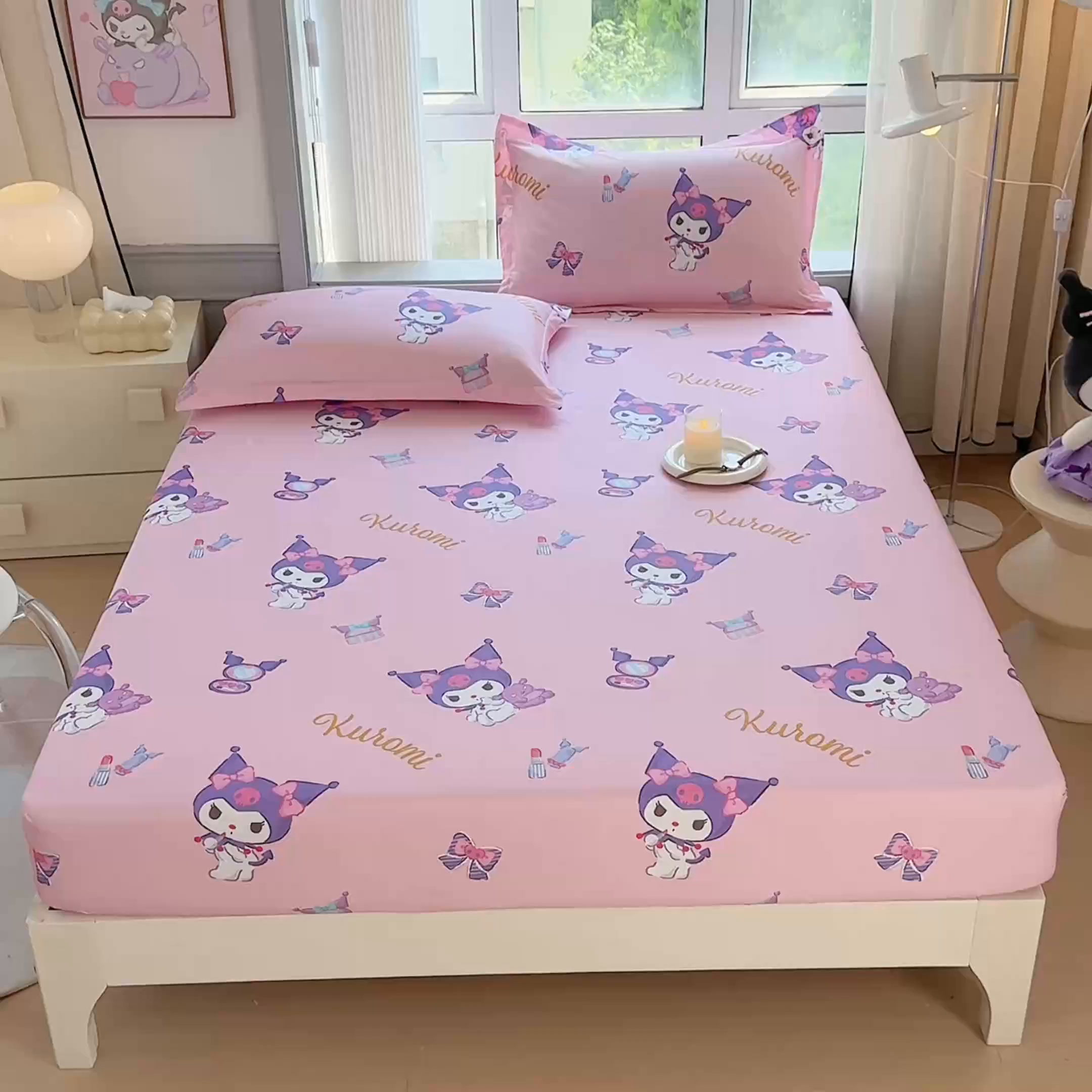 91家纺网 家纺一手货源 找家纺 蘭菲家纺 2025新款三丽鸥系列全棉印花单品床笠 小甜库-粉