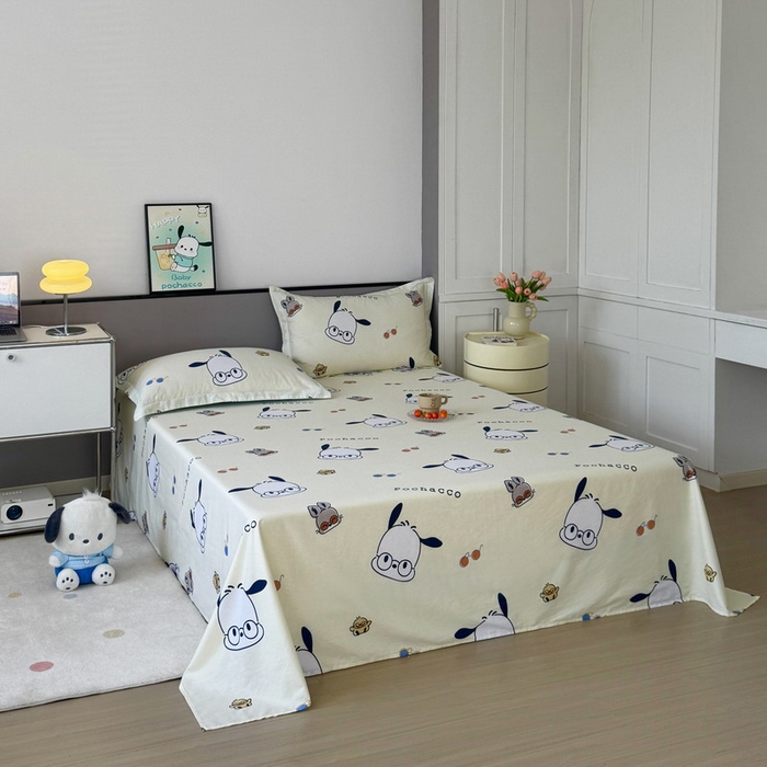 91家纺网 家纺一手货源 找家纺 蘭菲家纺 2025新款三丽鸥系列全棉印花单品床单 眼镜狗-米