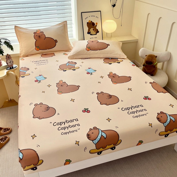 91家纺网 家纺一手货源 找家纺 （总）蘭菲家纺 2025新款学生季卡皮巴拉系列全棉印花单品床笠