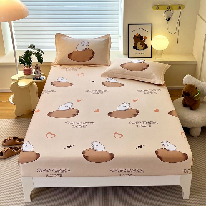 91家纺网 家纺一手货源 找家纺 （总）蘭菲家纺 2025新款学生季卡皮巴拉系列全棉印花单品床笠