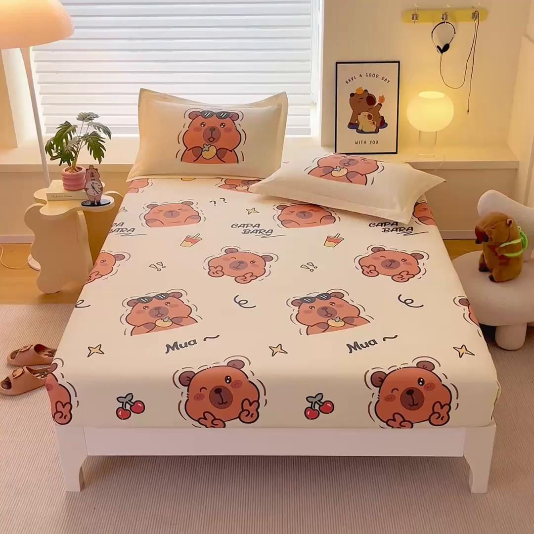 91家纺网 家纺一手货源 找家纺 蘭菲家纺 2025新款学生季卡皮巴拉系列全棉印花单品床笠 拉不动