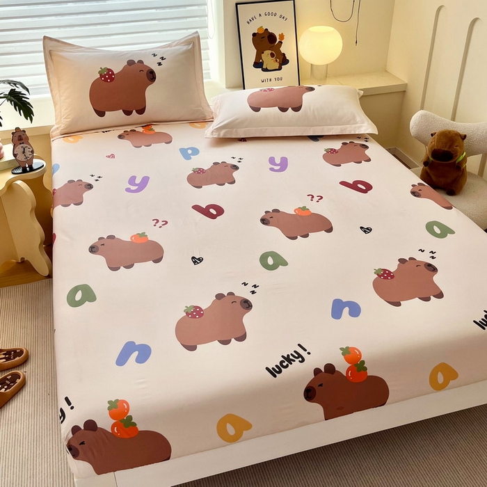 91家纺网 家纺一手货源 找家纺 蘭菲家纺 2025新款学生季卡皮巴拉系列全棉印花单品床笠 皮小萌