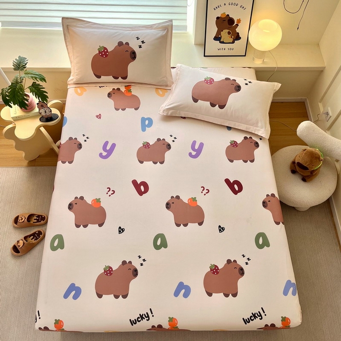 91家纺网 家纺一手货源 找家纺 蘭菲家纺 2025新款学生季卡皮巴拉系列全棉印花单品床笠 皮小萌