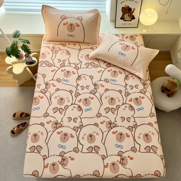 91家纺网 家纺一手货源 找家纺 蘭菲家纺 2025新款学生季卡皮巴拉系列全棉印花单品床笠 小卡