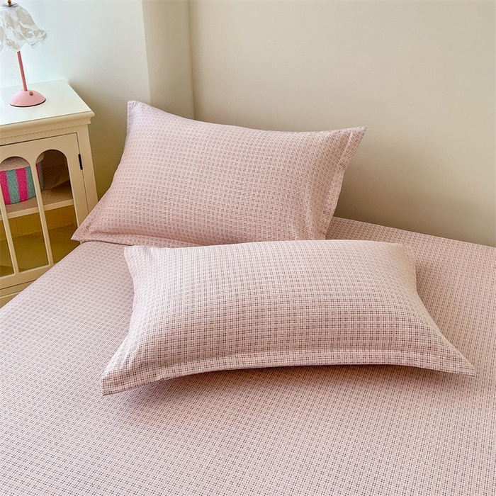 91家纺网 家纺一手货源 找家纺 梦舒羽 2025新款双层纱纯色格子枕套宿舍单人枕芯套内胆套一对装 莱茵粉格