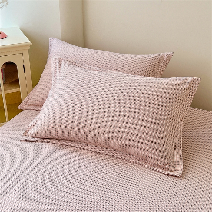 91家纺网 家纺一手货源 找家纺 梦舒羽 2025新款双层纱纯色格子枕套宿舍单人枕芯套内胆套一对装 莱茵粉格
