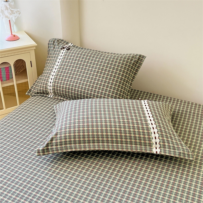 91家纺网 家纺一手货源 找家纺 （总）梦舒羽 2025新款双层纱蕾丝花边格子枕套宿舍单人枕芯套内胆套一对装