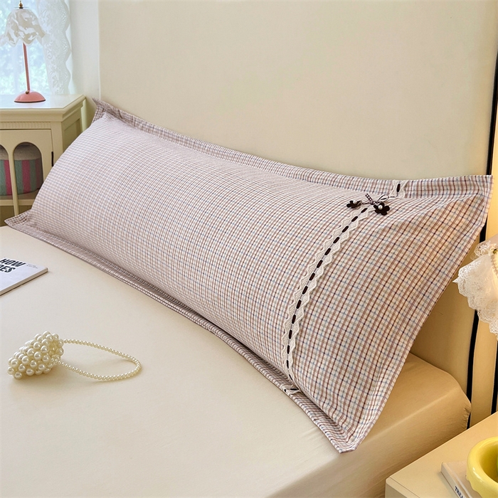 梦舒羽 2025新款双层纱蕾丝花边格子枕套宿舍双人情侣1.8m枕芯套1.5米内胆套 魅力蓝咖