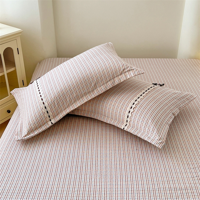 91家纺网 家纺一手货源 找家纺 梦舒羽 2025新款双层纱蕾丝花边格子枕套宿舍单人枕芯套内胆套一对装 魅力蓝咖