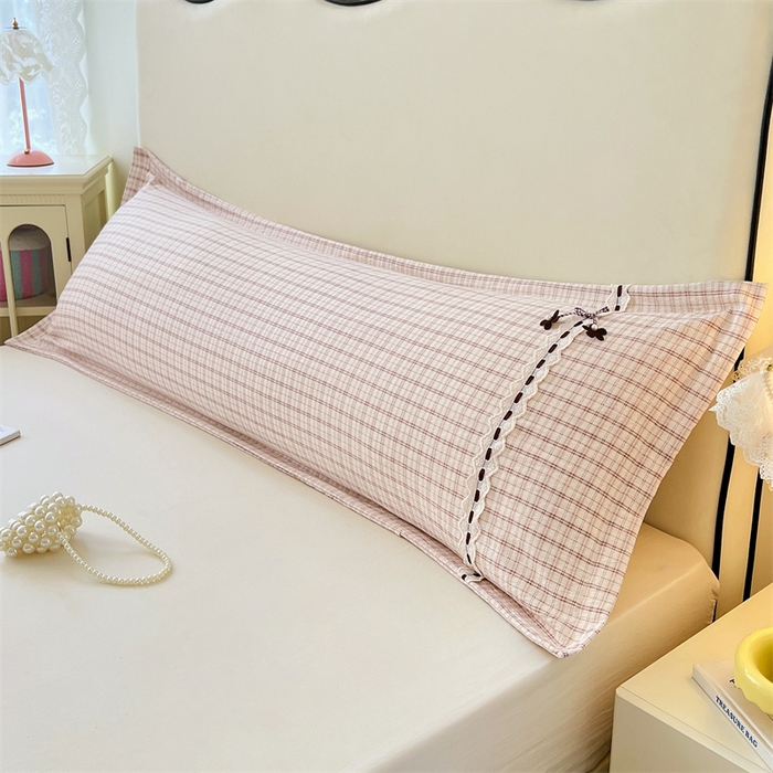 梦舒羽 2025新款双层纱蕾丝花边格子枕套宿舍双人情侣1.8m枕芯套1.5米内胆套 可可咖格