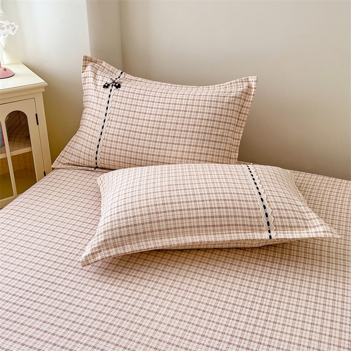 梦舒羽 2025新款双层纱蕾丝花边格子枕套宿舍单人枕芯套内胆套一对装 可可咖格