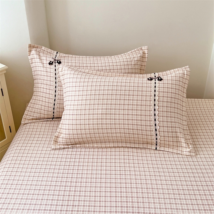 91家纺网 家纺一手货源 找家纺 梦舒羽 2025新款双层纱蕾丝花边格子枕套宿舍单人枕芯套内胆套一对装 可可咖格