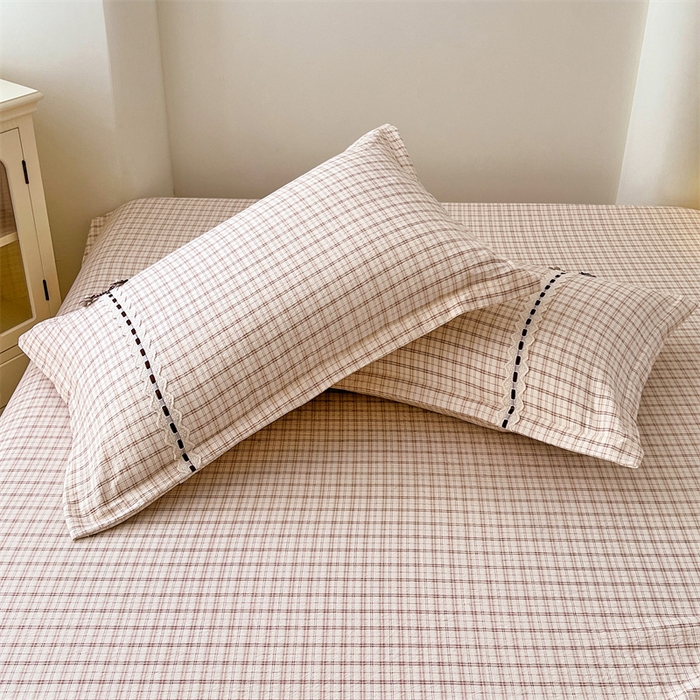 91家纺网 家纺一手货源 找家纺 梦舒羽 2025新款双层纱蕾丝花边格子枕套宿舍单人枕芯套内胆套一对装 可可咖格