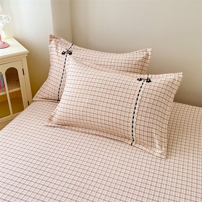 91家纺网 家纺一手货源 找家纺 梦舒羽 2025新款双层纱蕾丝花边格子枕套宿舍单人枕芯套内胆套一对装 可可咖格