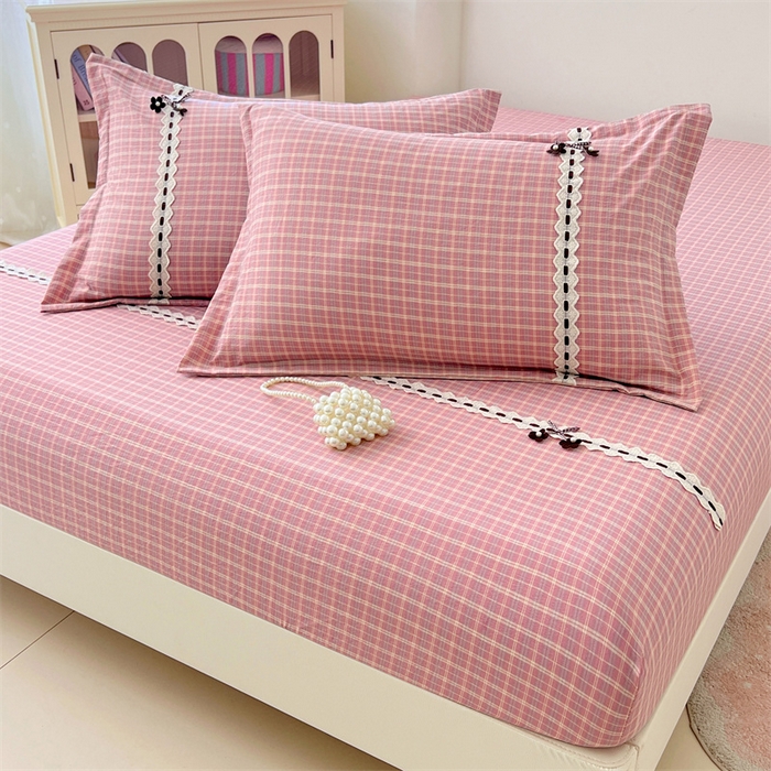 91家纺网 家纺一手货源 找家纺 梦舒羽 2025新款双层纱蕾丝花边格子枕套宿舍单人枕芯套内胆套一对装 落日红格