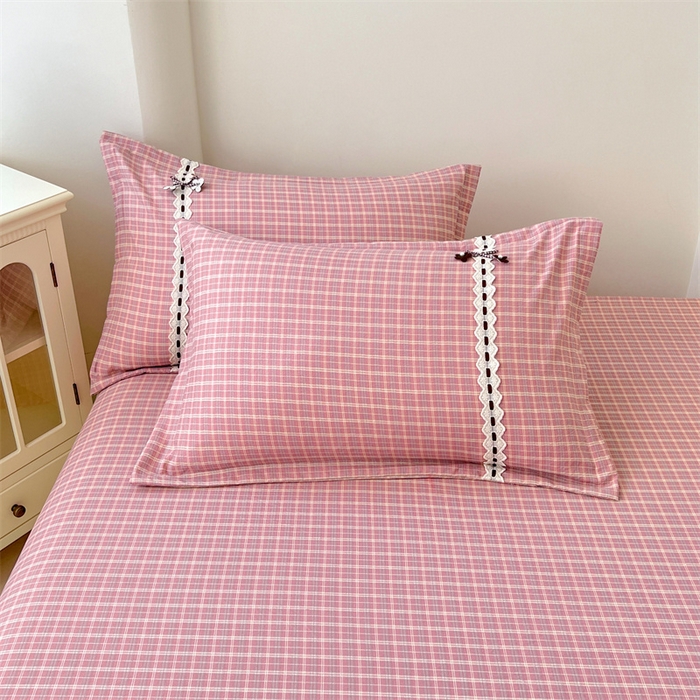 91家纺网 家纺一手货源 找家纺 梦舒羽 2025新款双层纱蕾丝花边格子枕套宿舍单人枕芯套内胆套一对装 落日红格