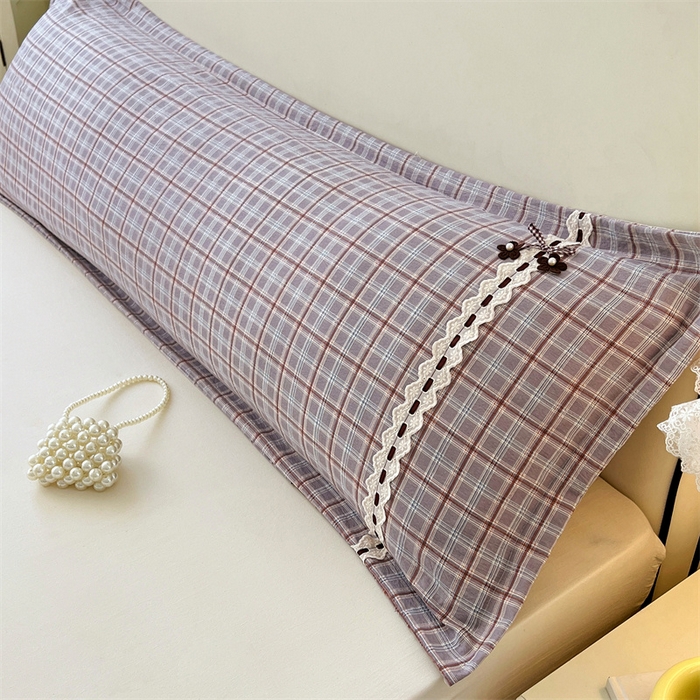 91家纺网 家纺一手货源 找家纺 梦舒羽 2025新款双层纱蕾丝花边格子枕套宿舍双人情侣1.8m枕芯套1.5米内胆套 洛卡深灰