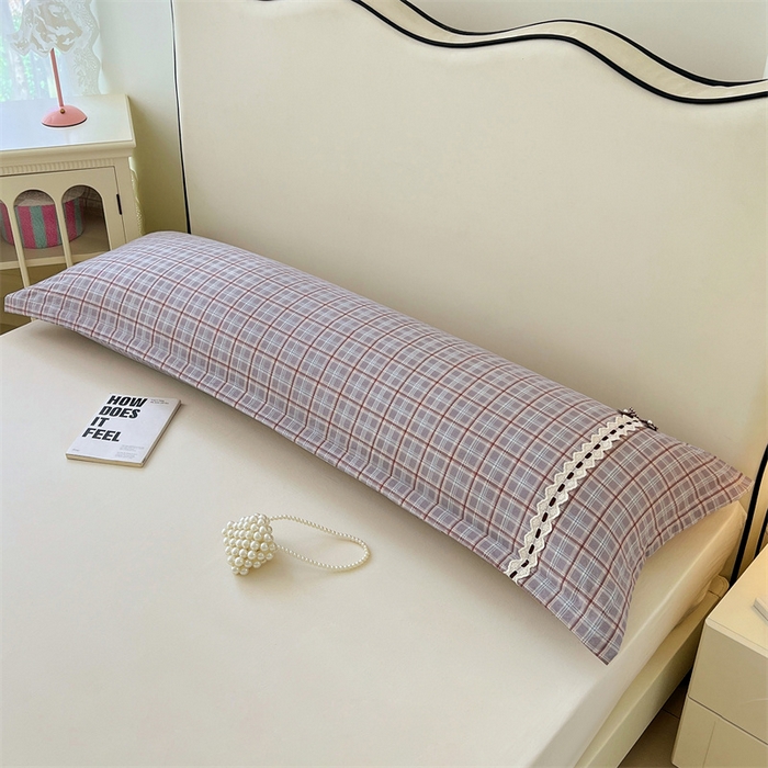 91家纺网 家纺一手货源 找家纺 梦舒羽 2025新款双层纱蕾丝花边格子枕套宿舍双人情侣1.8m枕芯套1.5米内胆套 洛卡深灰