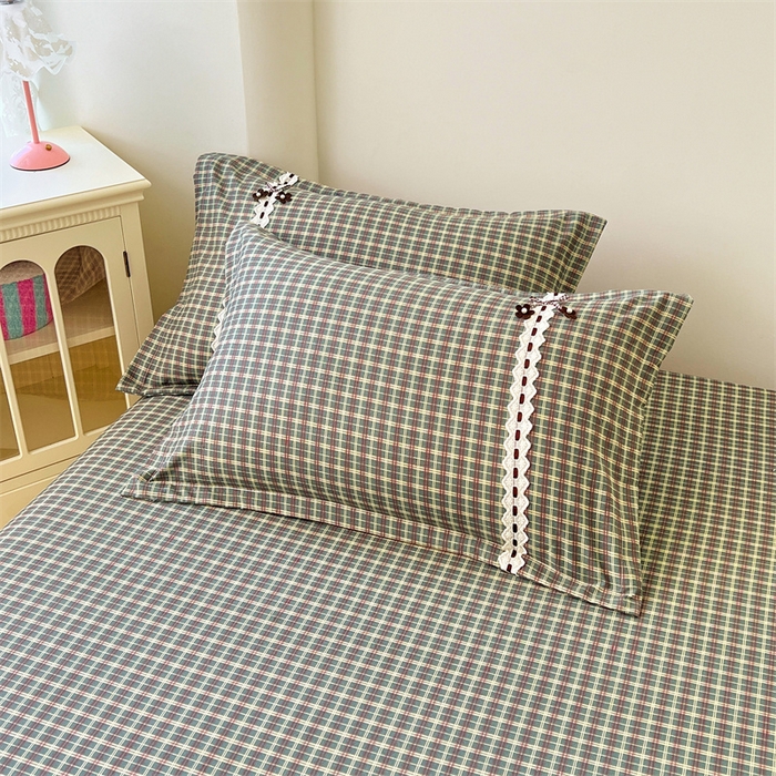 91家纺网 家纺一手货源 找家纺 梦舒羽 2025新款双层纱蕾丝花边格子枕套宿舍单人枕芯套内胆套一对装 简兮绿格