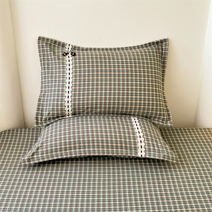 91家纺网 家纺一手货源 找家纺 梦舒羽 2025新款双层纱蕾丝花边格子枕套宿舍单人枕芯套内胆套一对装 简兮绿格