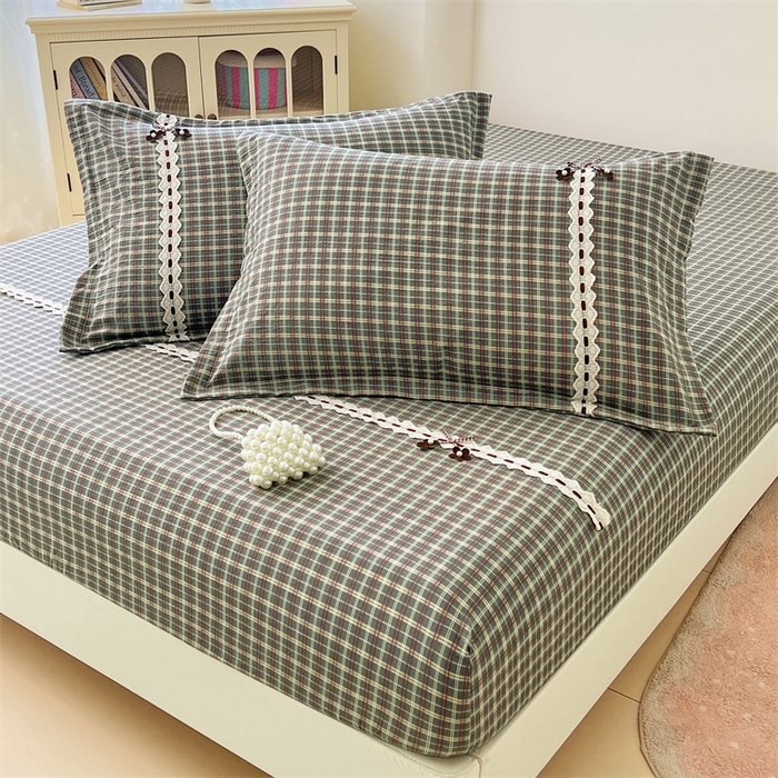 91家纺网 家纺一手货源 找家纺 梦舒羽 2025新款双层纱蕾丝花边格子枕套宿舍单人枕芯套内胆套一对装 简兮绿格