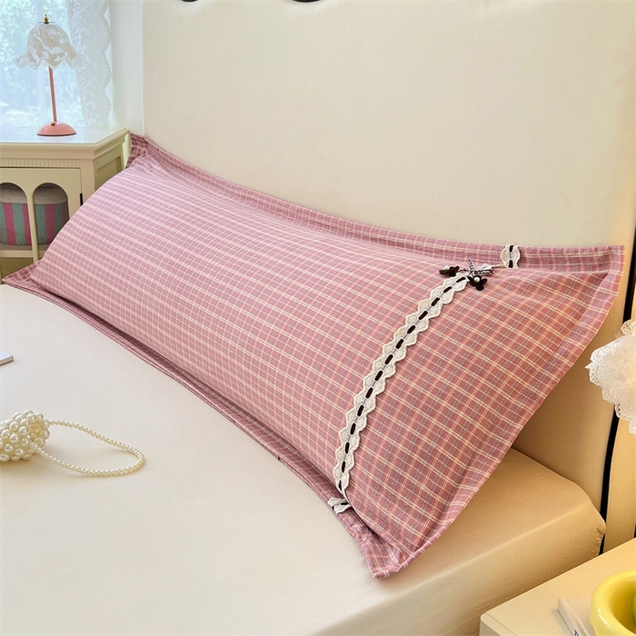 梦舒羽 2025新款双层纱蕾丝花边格子枕套宿舍双人情侣1.8m枕芯套1.5米内胆套 落日红格