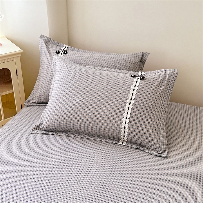 91家纺网 家纺一手货源 找家纺 梦舒羽 2025新款双层纱蕾丝花边格子枕套宿舍单人枕芯套内胆套一对装 明古灰格