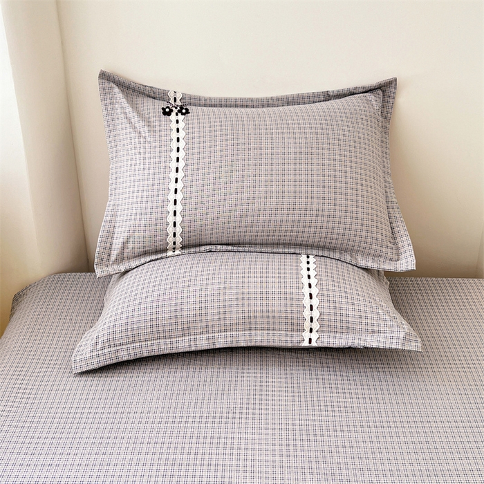 91家纺网 家纺一手货源 找家纺 梦舒羽 2025新款双层纱蕾丝花边格子枕套宿舍单人枕芯套内胆套一对装 明古灰格