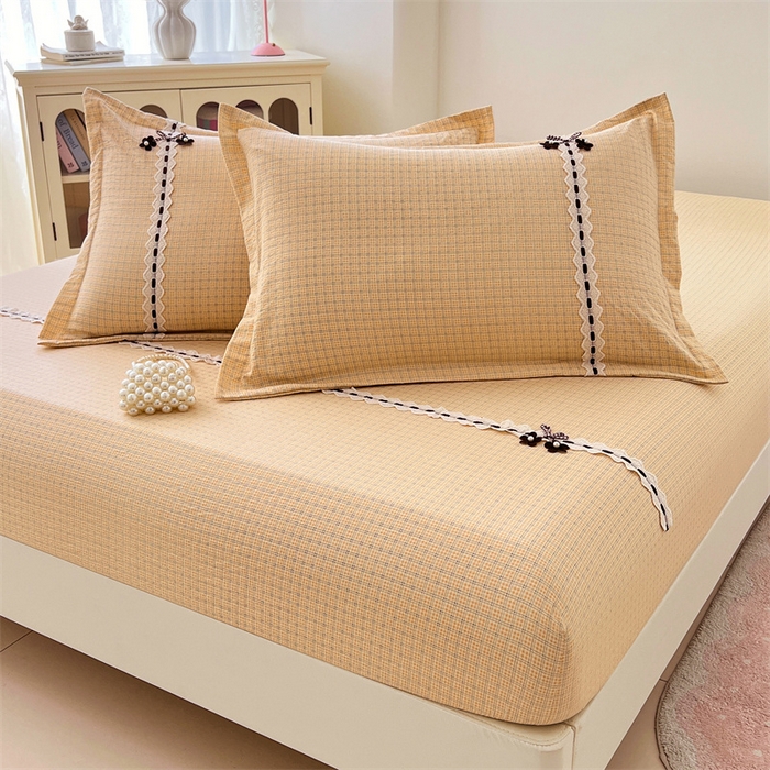 91家纺网 家纺一手货源 找家纺 梦舒羽 2025新款双层纱蕾丝花边格子枕套宿舍单人枕芯套内胆套一对装 秋田黄格