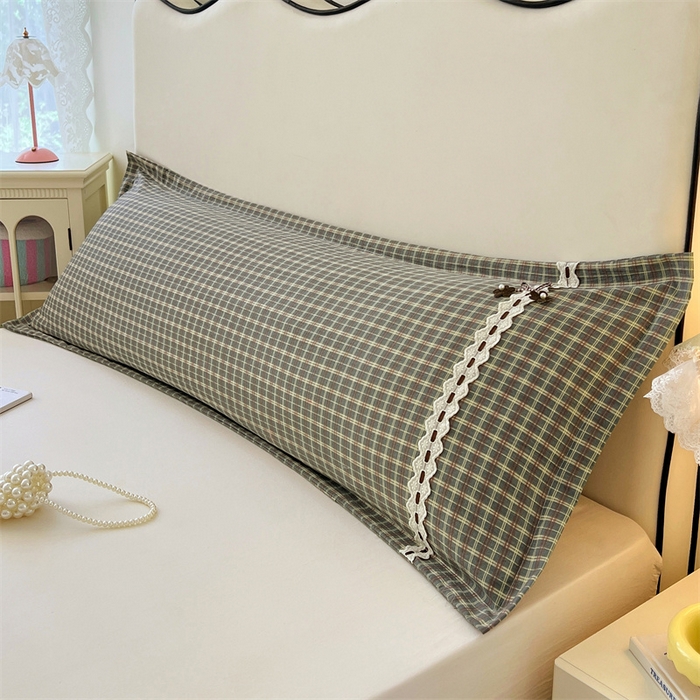 梦舒羽 2025新款双层纱蕾丝花边格子枕套宿舍双人情侣1.8m枕芯套1.5米内胆套 简兮绿格