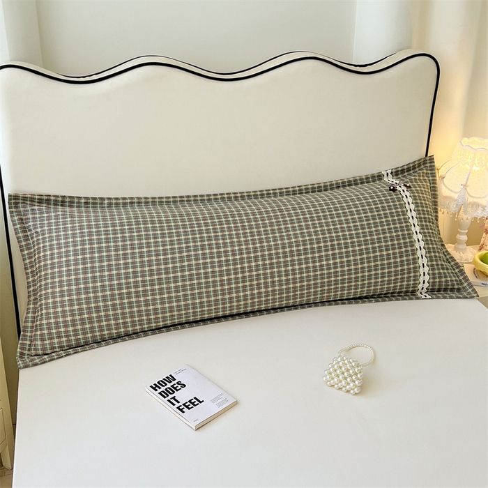 91家纺网 家纺一手货源 找家纺 梦舒羽 2025新款双层纱蕾丝花边格子枕套宿舍双人情侣1.8m枕芯套1.5米内胆套 简兮绿格