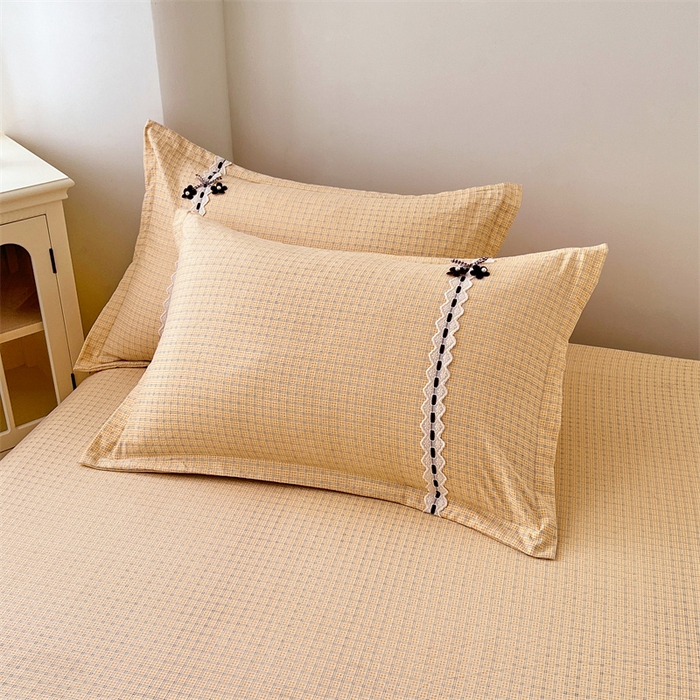 91家纺网 家纺一手货源 找家纺 梦舒羽 2025新款双层纱蕾丝花边格子枕套宿舍单人枕芯套内胆套一对装 秋田黄格