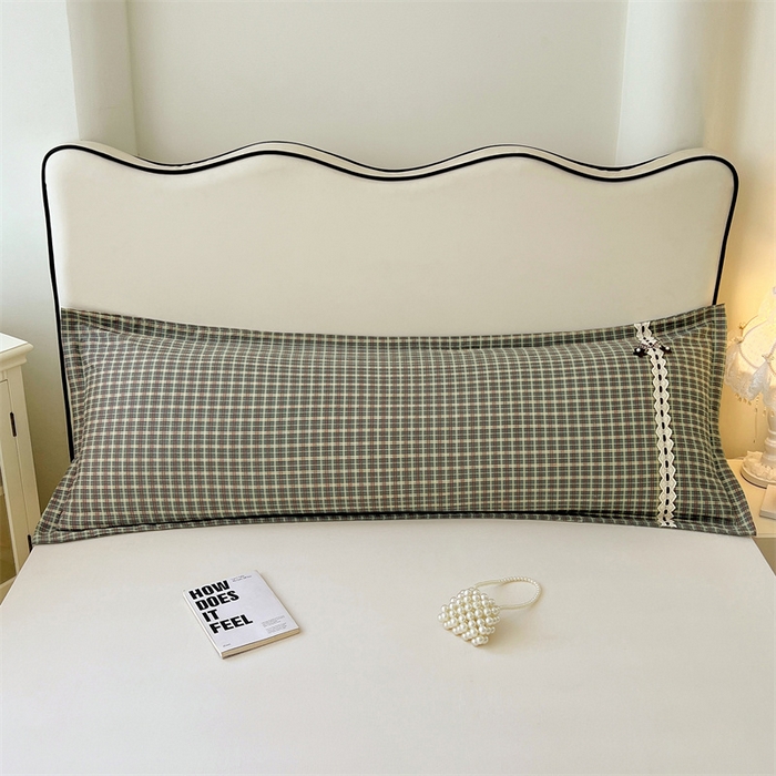 91家纺网 家纺一手货源 找家纺 梦舒羽 2025新款双层纱蕾丝花边格子枕套宿舍双人情侣1.8m枕芯套1.5米内胆套 简兮绿格