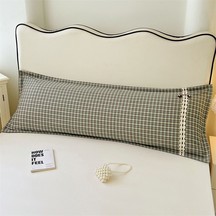 91家纺网 家纺一手货源 找家纺 梦舒羽 2025新款双层纱蕾丝花边格子枕套宿舍双人情侣1.8m枕芯套1.5米内胆套 简兮绿格